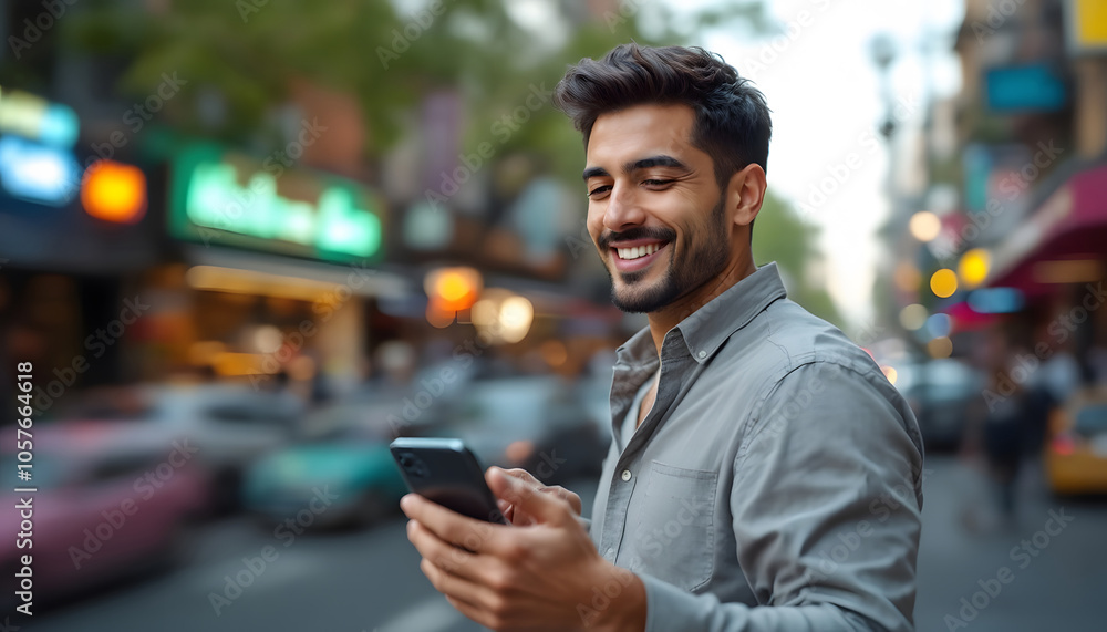 Hispanic Man with Smartphone Showcasing App Icons in a Bustling City Street Hispanic Man with Smartphone Showcasing App Icons in a Bustling City Street