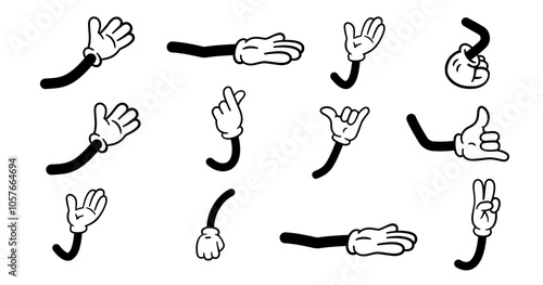 cartoon hands style vintage in white gloves set, retro comic character's limbs collection, vector design elements.