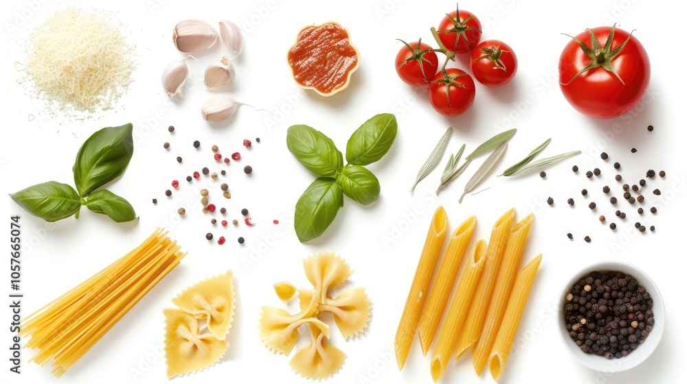 Cooking ingredients for pasta arranged on white background from top view