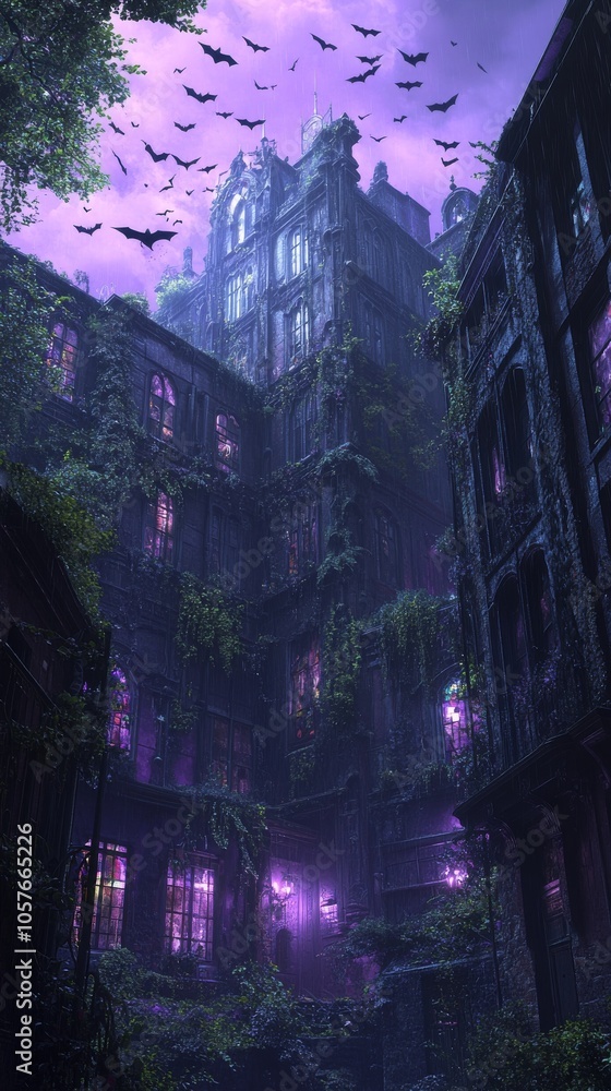 Overgrown gothic buildings against a purple sky with bats flying above and rain falling Overgrown gothic buildings against a purple sky with bats flying above and rain falling