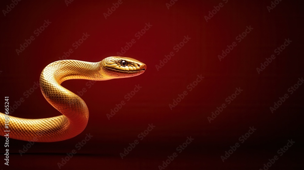 a long delicate golden snake hovering and flying in the air on red background a long delicate golden snake hovering and flying in the air on red background