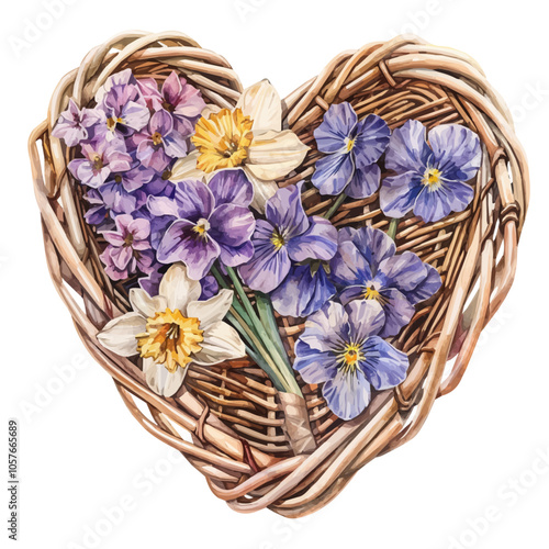 Watercolor painting of a basket of violets and daffodil flowers, isolated on a white background