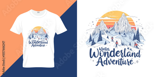 Winter Wonderland Adventure typography t shirt design. Winter t shirt design.  mountain landscape outdoor activity vector illustration. 