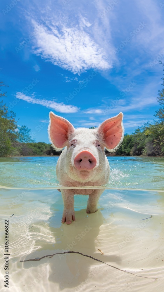 Pig Standing in Shallow Waters with Green Tropical Vegetation Pig Standing in Shallow Waters with Green Tropical Vegetation