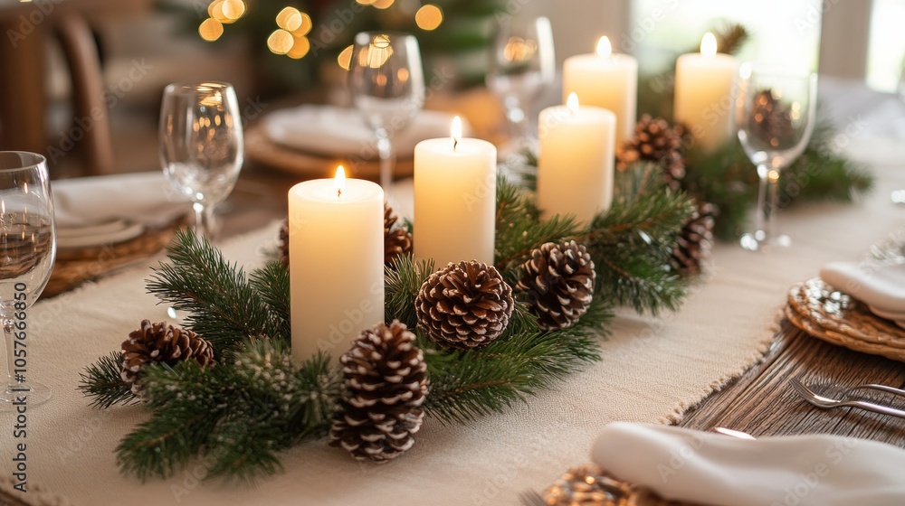 Christmas table setting with candles and pine cones clean background--C100 Christmas table setting with candles and pine cones clean background--C100