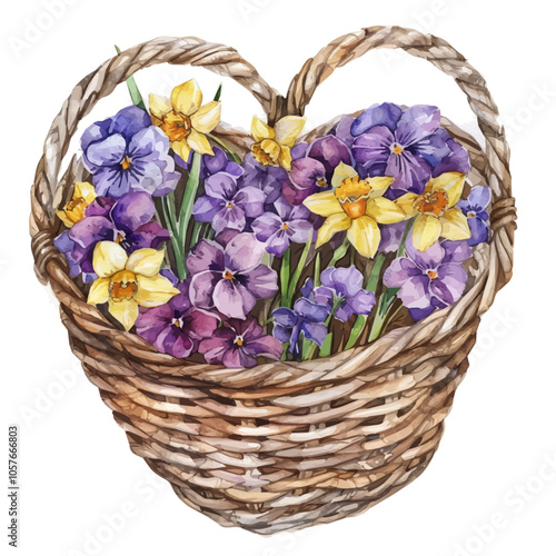 Watercolor vector of a basket of violets and daffodil flowers, isolated on a white background.