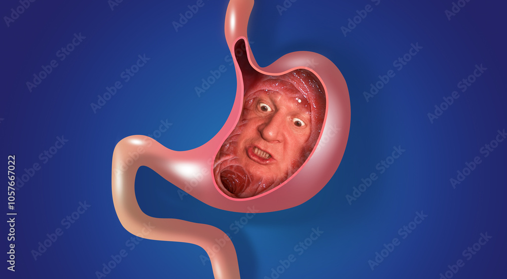 Sick stomach characters. Stomach gastritis, indigestion, vomiting, heartburn problems. Stomach pain and human face. Stomach health. Medical concept. Collage