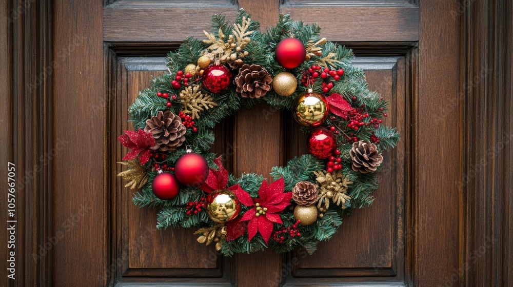 Christmas wreath adorned with red and gold ornaments hanging on a wooden door clean background--C100 Christmas wreath adorned with red and gold ornaments hanging on a wooden door clean background--C100