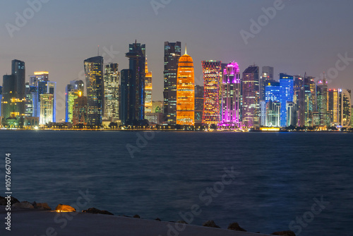 Doha Corniche Beach and Skyscrapers Night Time Photo, Doha Qatar photo