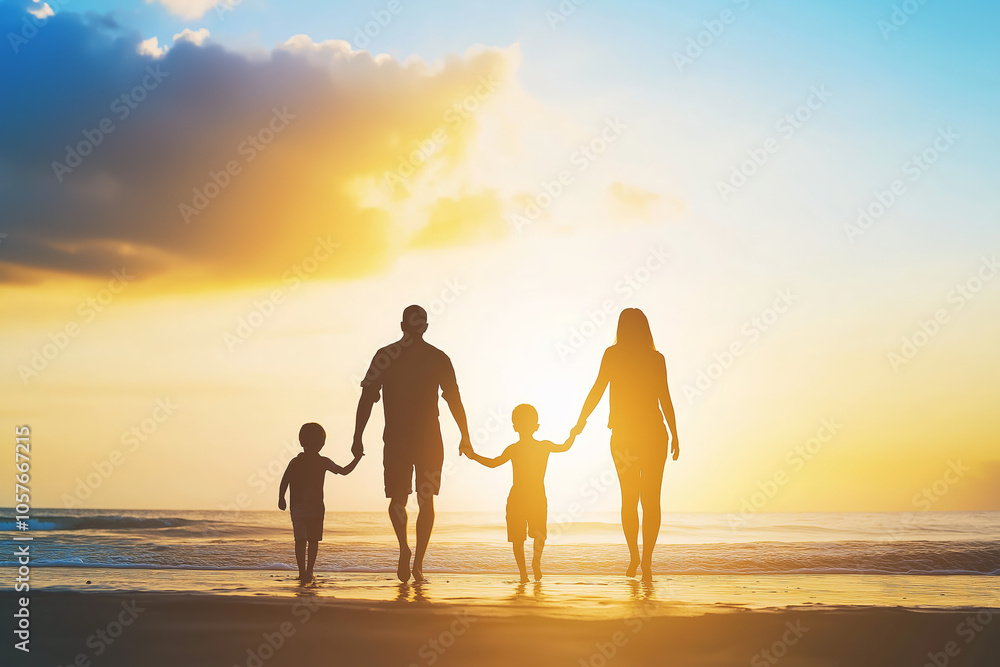 As the sun sets, a family of four walks along the shoreline, their silhouettes captured against the vibrant colors of the sky, creating a moment of unity and love. Generative AI As the sun sets, a family of four walks along the shoreline, their silhouettes captured against the vibrant colors of the sky, creating a moment of unity and love. Generative AI