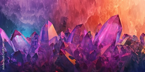 A colorful image of purple and pink crystals. The image is abstract and has a dreamy, ethereal quality to it. The colors are vibrant and the shapes of the crystals are irregular and unique