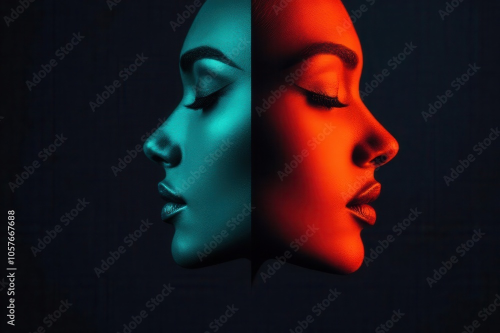 Face with contrasting colors, bright and dark tones, dual sides of human nature Face with contrasting colors, bright and dark tones, dual sides of human nature
