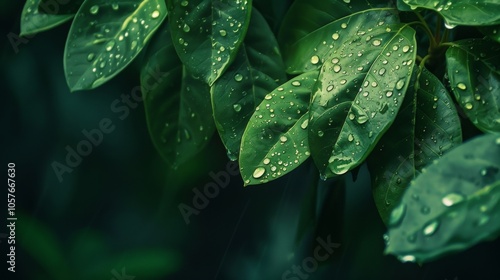 Close-Up of Fresh Green Leaves with Water Droplets