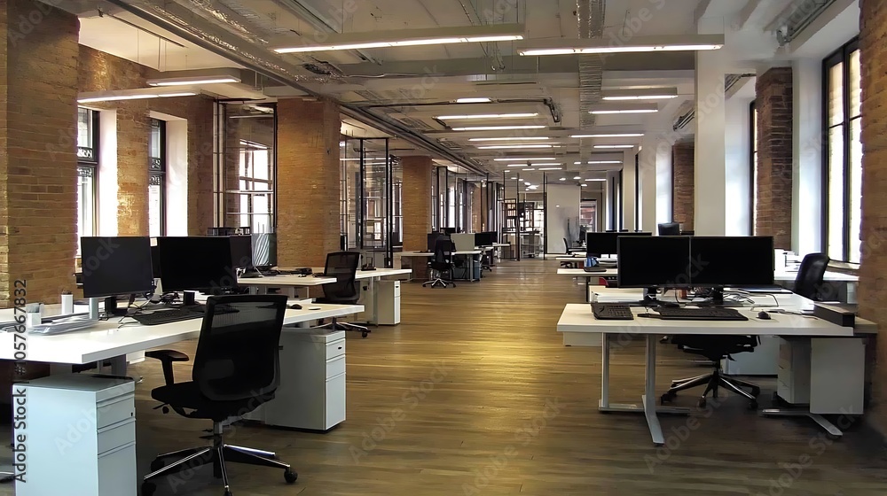 Modern Minimalistic Concrete Coworking Office room with Blank Walls, High Ceilings,and Mockup Frame Modern Minimalistic Concrete Coworking Office room with Blank Walls, High Ceilings,and Mockup Frame