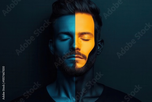 Face with contrasting colors, bright and dark tones, dual sides of human nature