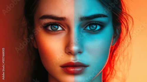 Wallpaper Mural Face with warm and cold tones, representing contrasting emotions, internal battle Torontodigital.ca