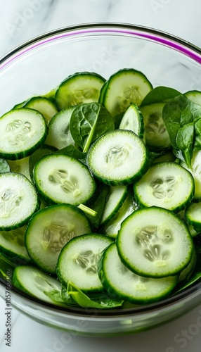 A bowl of sliced cucumbers and spinach, ready for a salad.