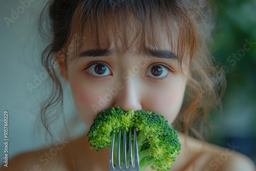 unhappy asian women is on dieting time looking at broccoli on the fork. girl do not want to eat vegetables and dislike taste, Generative AI photo