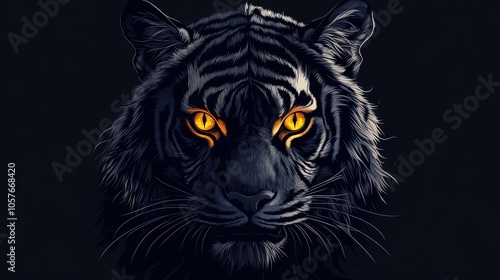 ector t-shirt design of the head and shoulders of an angry black tiger with glowing yellow eyes on a dark background. Vector art, print-ready resolution, white outline sticker. photo