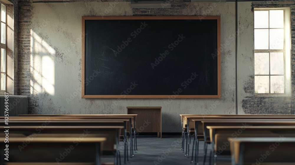 a black board in school class in an empty class room with student desk a black board in school class in an empty class room with student desk