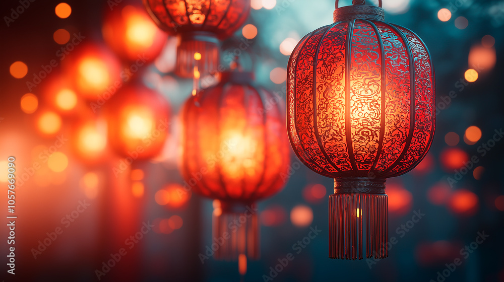 Obraz premium Glowing Red Lanterns, Symbolic Nighttime Ambiance for Lunar New Year