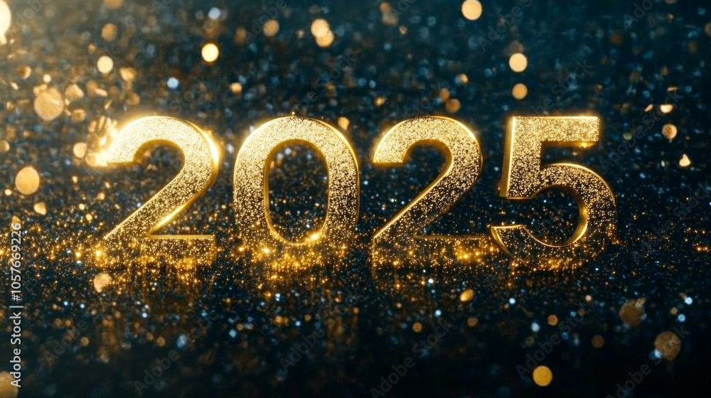 Shimmering golden numbers showing 2025 against a dark background with sparkling bokeh lights highlighting the new year celebration atmosphere Shimmering golden numbers showing 2025 against a dark background with sparkling bokeh lights highlighting the new year celebration atmosphere