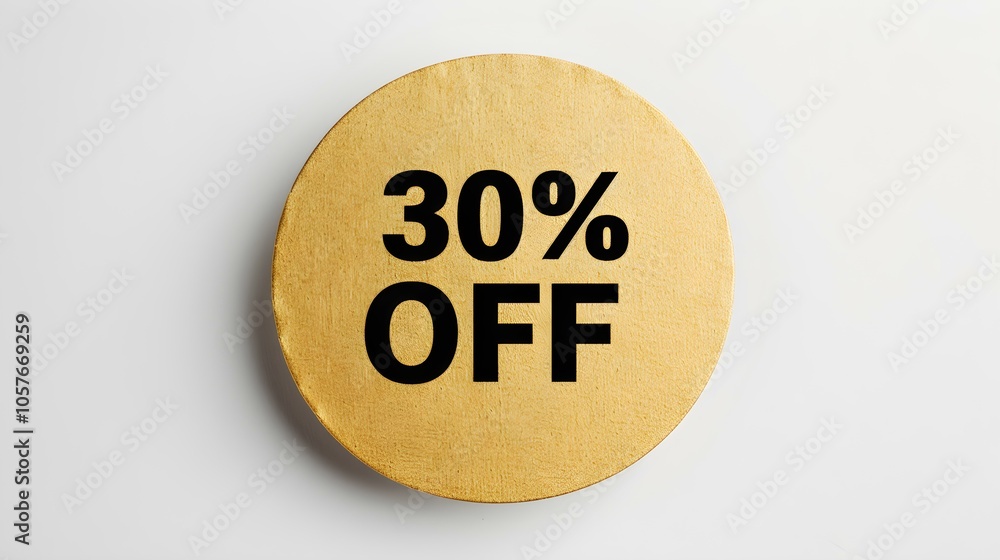 Black '30% OFF' Text on a Gold Round Paper Note. White Background with Copy Space Black '30% OFF' Text on a Gold Round Paper Note. White Background with Copy Space