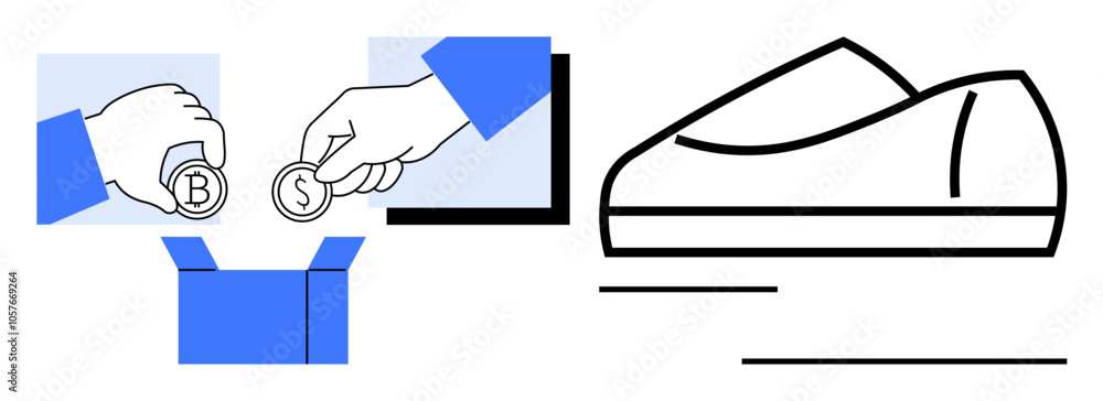 Coins being dropped into a box by visible hands, adjacent to a sleek shoe outline. Ideal for finance, business, e-commerce, investment, charity, savings, product design themes. Line metaphor Coins being dropped into a box by visible hands, adjacent to a sleek shoe outline. Ideal for finance, business, e-commerce, investment, charity, savings, product design themes. Line metaphor