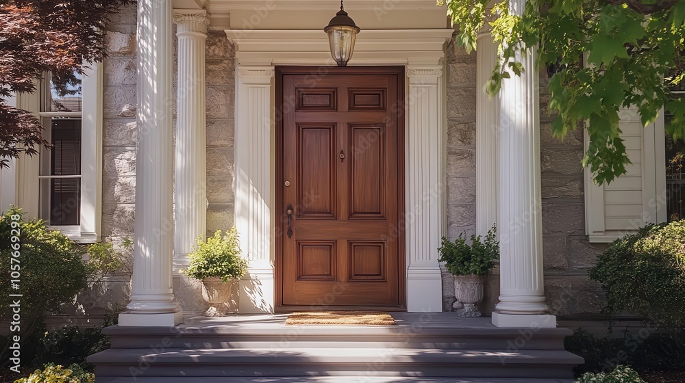 main entrance of a georgian-style home featuring a wooden door, gabled porch, and elegant stone cladding, showcasing classic architectural charm and welcoming aesthetics main entrance of a georgian-style home featuring a wooden door, gabled porch, and elegant stone cladding, showcasing classic architectural charm and welcoming aesthetics