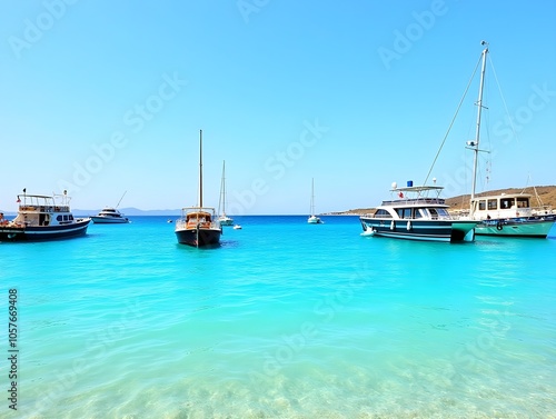 Boats anchored in the turquoise lagoon on the Greek Balos Beach on the island of Crete