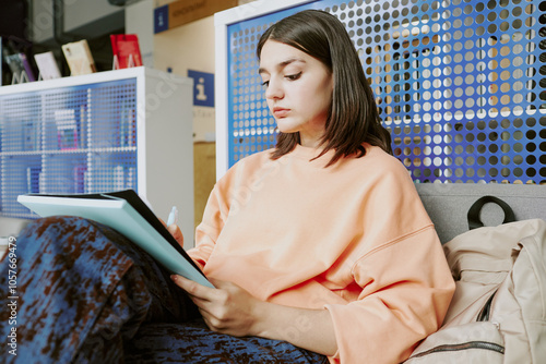 Woman concentrating on reading important document while sitting on modern couch in casual setting, background includes contemporary elements and decor photo