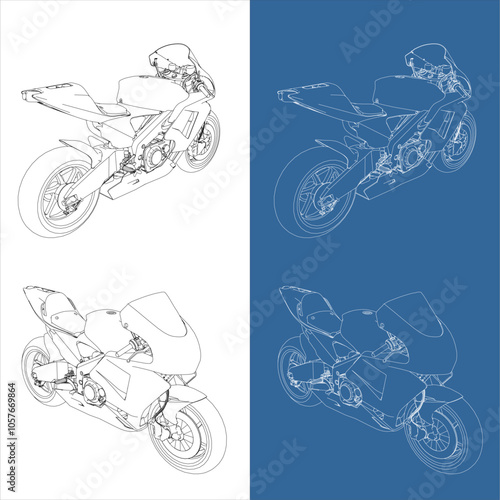 Moto GP Grand Prix motorcycle racing motor right side Vector line blueprint technical drawing isolated on transparent background
