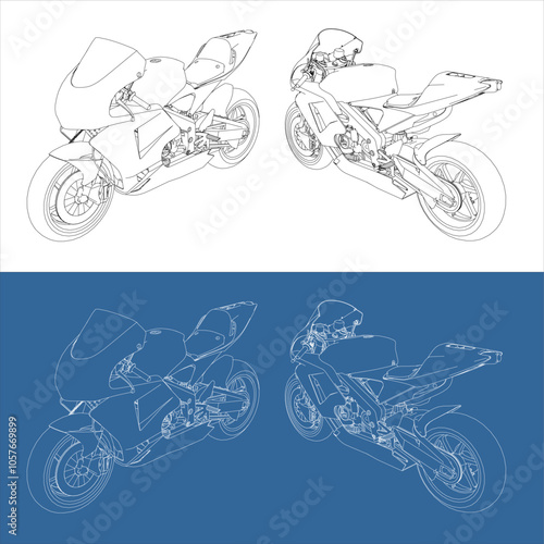 Vector Moto GP Grand Prix motorcycle racing motor left side line blueprint technical drawing isolated on transparent background