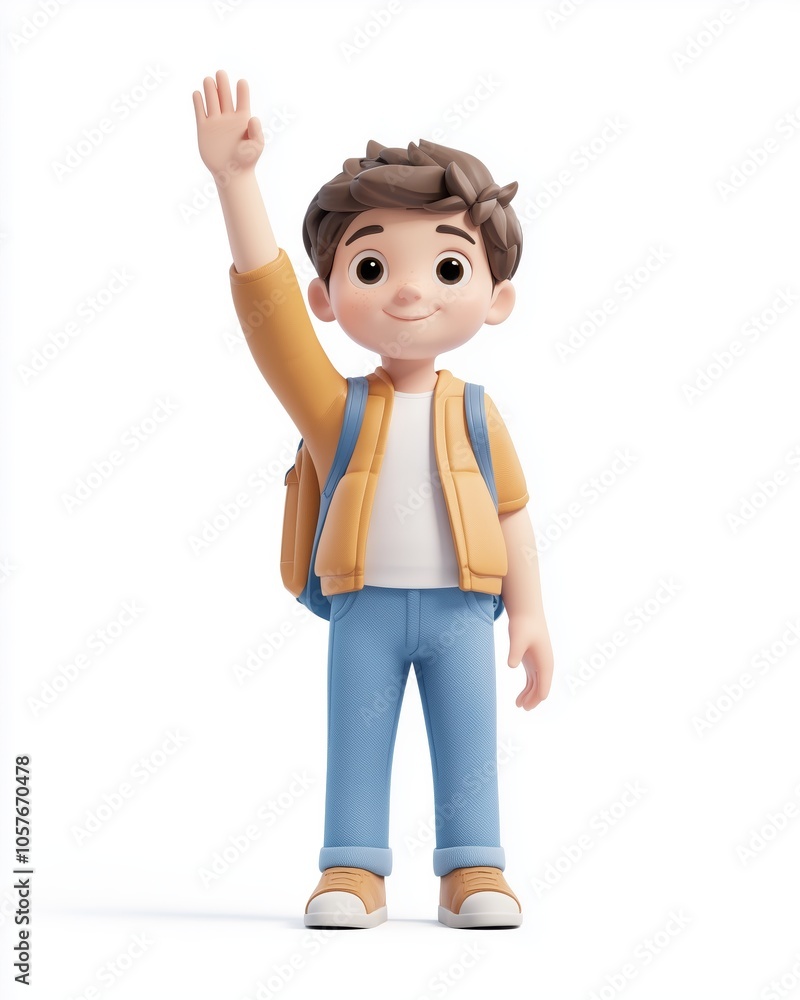 Adorable 3D Boy Character with Backpack Raising Hand - Made with Generative AI Adorable 3D Boy Character with Backpack Raising Hand - Made with Generative AI