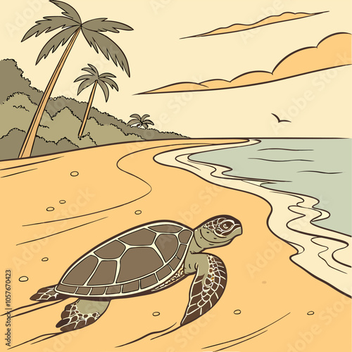 A sea turtle crawls on a sandy beach, towards the ocean, with palm trees and a bright sky in the background. This illustration evokes feelings of relaxation and peace.