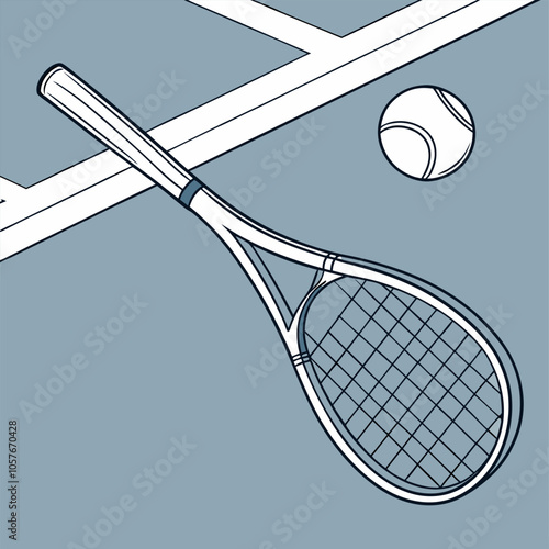 A simple line drawing of a tennis racket and ball. The racket is lying on a tennis court, with the ball near the net. This illustration is perfect for adding a sporty touch to any design.