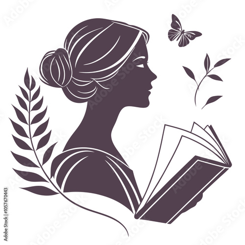 A silhouette of a woman reading a book, surrounded by delicate floral elements and a butterfly, conveying a sense of tranquility and knowledge.  This minimalist design is ideal for book covers.
