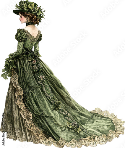 
Victorian Woman in Elegant Green Gown with Lace Train and Floral Hat, Vintage 19th Century Fashion Side View

