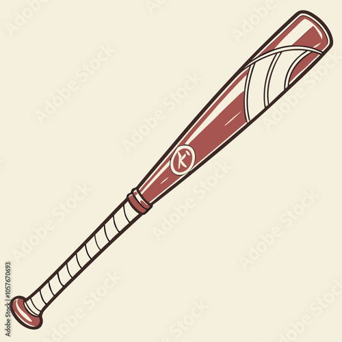 A classic baseball bat with a red wooden body and white tape, perfect for a retro sports design. This vintage-inspired bat is ideal for adding a touch of nostalgia to your project.