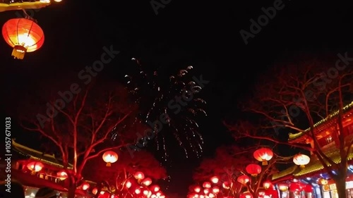 A large crowd of people walk down a street with red lanterns and bright fireworks in the background. The atmosphere is festive and lively, with spectators enjoying the Chinese New Year celebration.