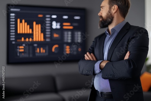 Wallpaper Mural A businessman with arms crossed, looking at a data screen. Torontodigital.ca