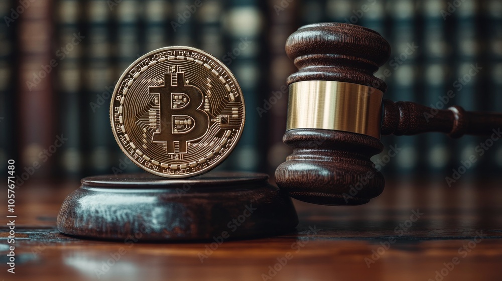 A Bitcoin coin on a judge's block with a gavel resting on it. A Bitcoin coin on a judge's block with a gavel resting on it.