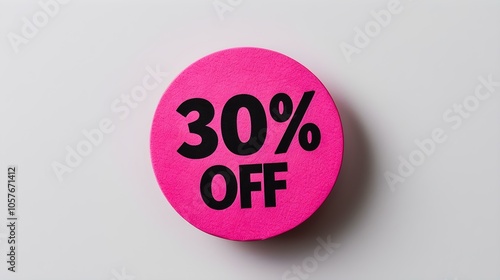 Black '30% OFF' Text on a Hot Pink Round Paper Note. White Background with Copy Space