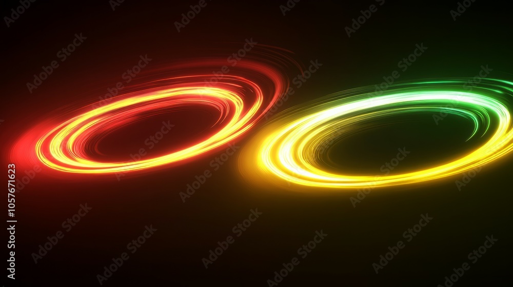 Naklejka premium Round glowing yellow, red, and green neon lights.