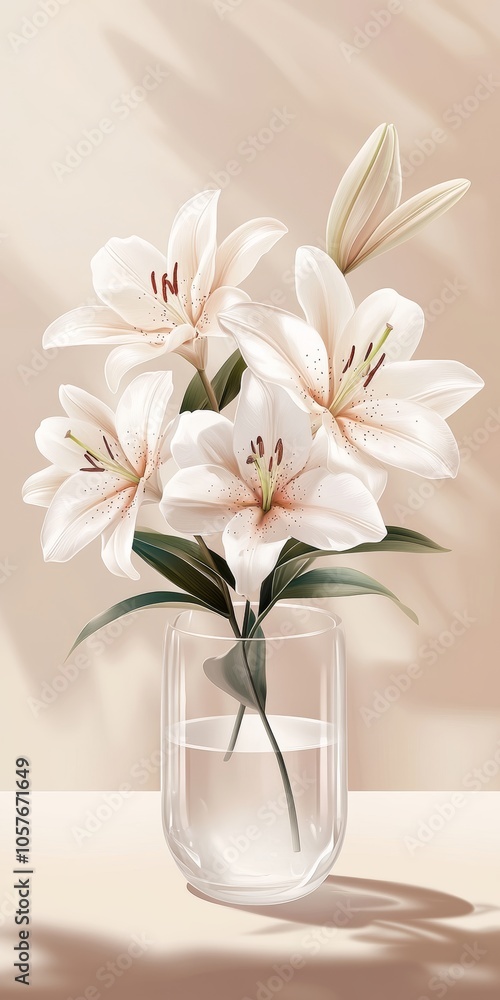 The lily in a glass vase is beautifully arranged on a light surface, the sunlight casting soft shadows on the background, creating a serene and elegant atmosphere perfect for showcasing natural beauty The lily in a glass vase is beautifully arranged on a light surface, the sunlight casting soft shadows on the background, creating a serene and elegant atmosphere perfect for showcasing natural beauty