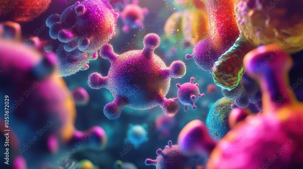 Fototapeta premium microscopic view of vibrant viruses, intricately detailed, showcasing a colorful array of shapes and textures. the backdrop features a subtle gradient, enhancing focus on the microscopic life