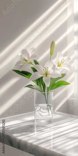 The lily in a glass vase is beautifully arranged on a light surface, the sunlight casting soft shadows on the background, creating a serene and elegant atmosphere perfect for showcasing natural beauty