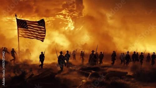 Regiment advancing through rough terrain at golden hour, tattered American flag billowing, rifles and bayonets visible, intense wartime scene with dramatic lighting