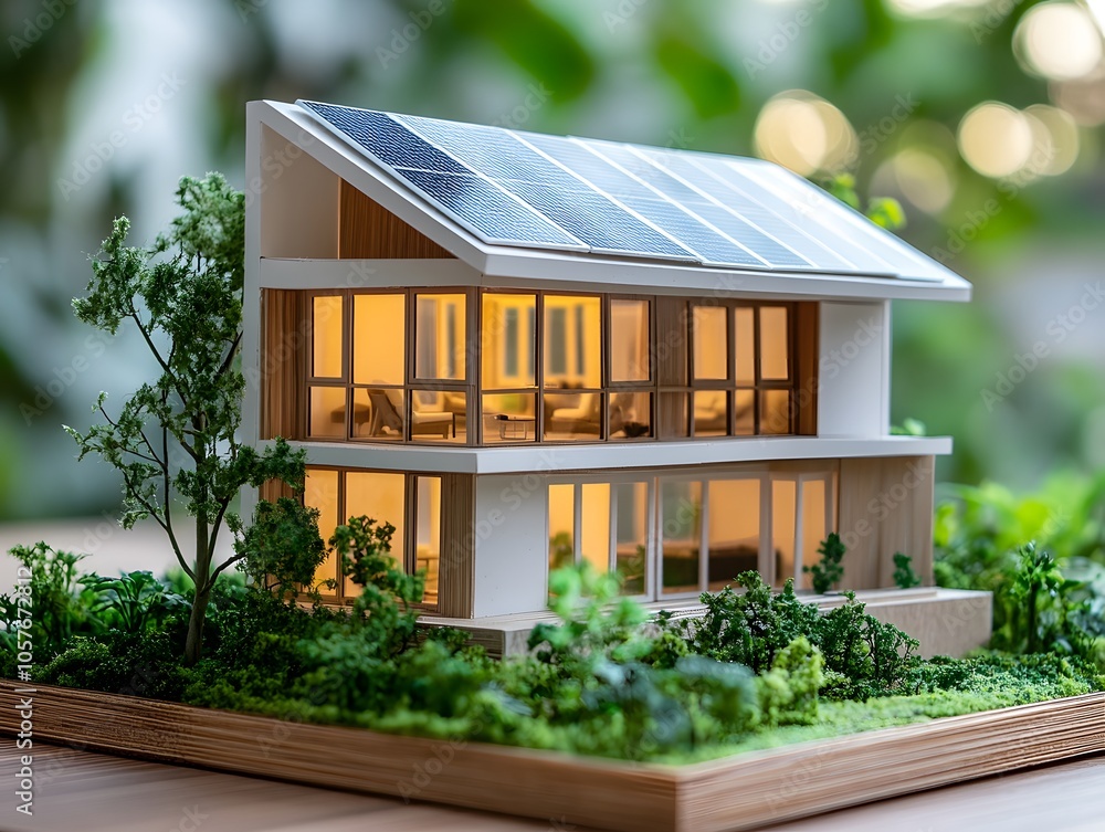 Fototapeta premium Modern Eco-Friendly House Model with Solar Panels