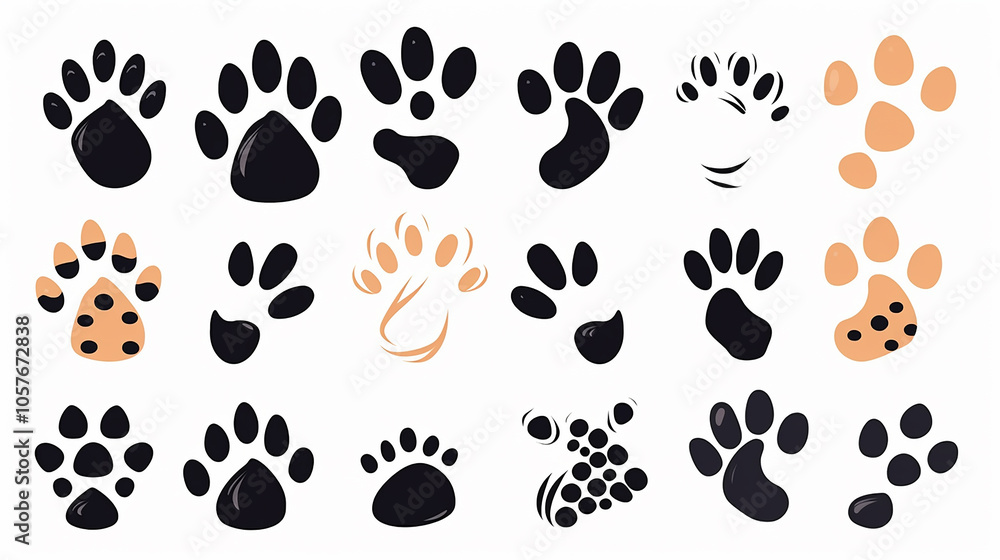 Fototapeta premium Cat and Tiger Paw Icons: Black Cartoon Paws, Fun Doodle Footprints, Isolated Kitten Elements, Vector Graphics.